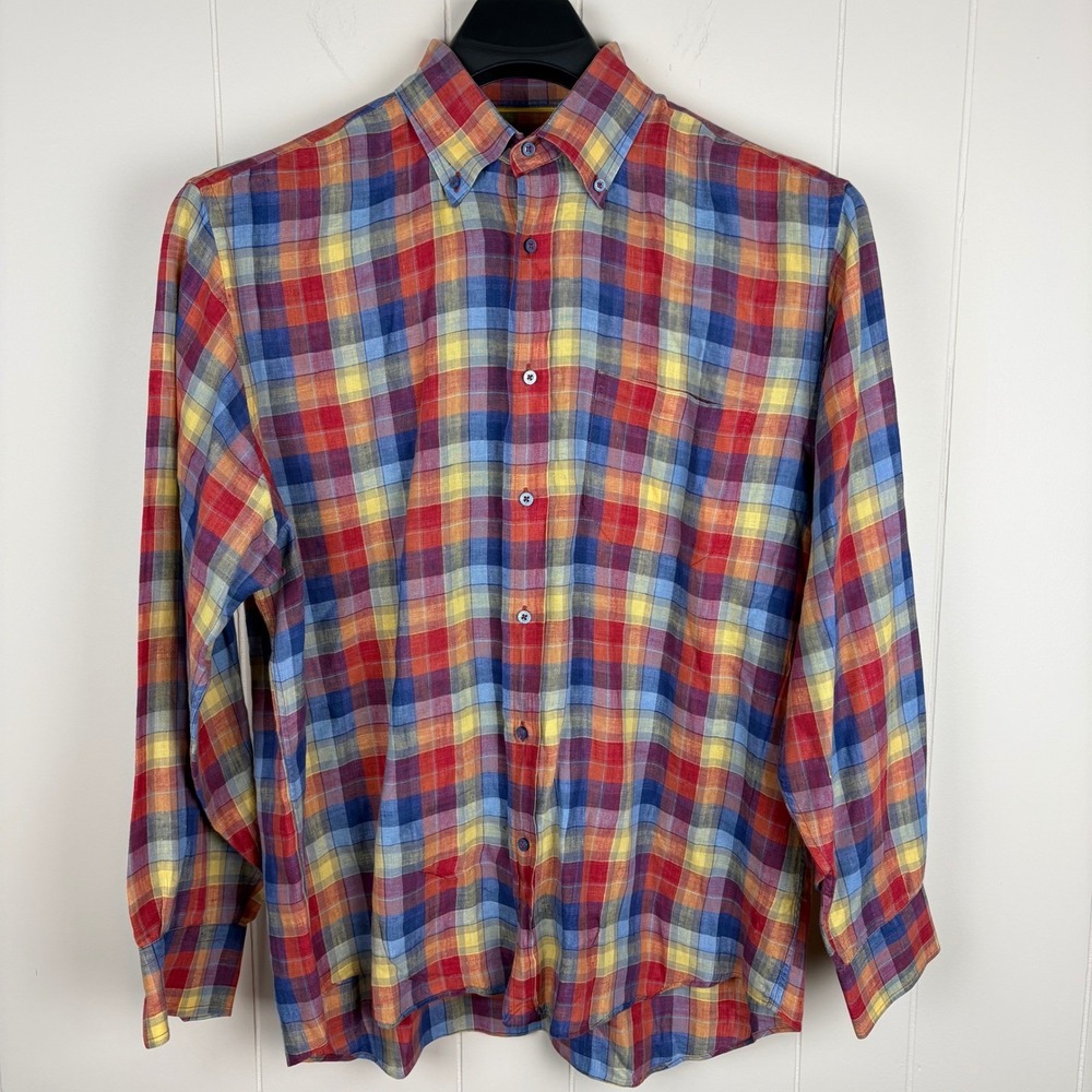 Robert Talbott Carmel Linen Plaid Button Shirt Multi Color Long Sleeve Mens L